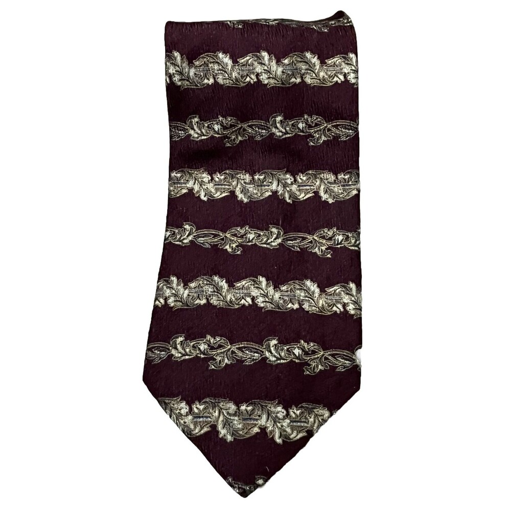 Claiborne Tie 100% Silk Burgundy Red Stripe Leaf Necktie Made in‎ the USA 57.5x4
